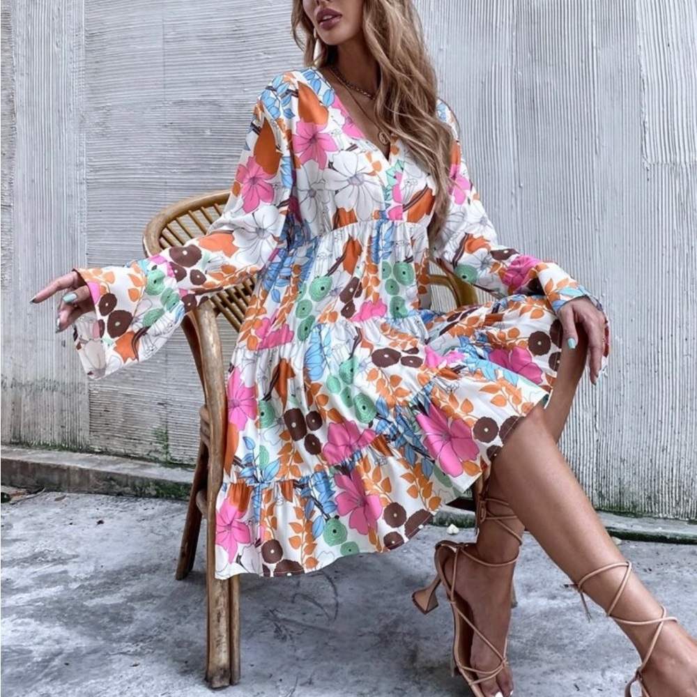 Pink and Blue Ruffled Tiered Long Sleeve Sundress